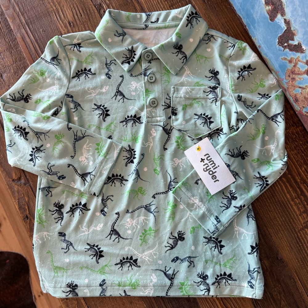 NWT Dinosaur Print Rumi & Ryder Green Blue Long Sleeve Polo Shirt Boys Size 4 - Picture 1 of 6